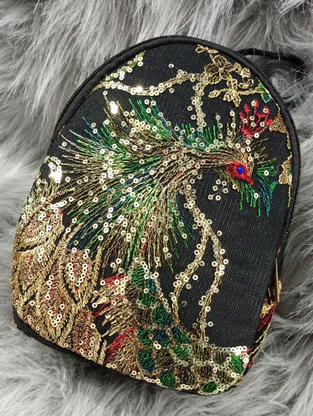 Embroidered Peacock Sequin Mini Bag - Black with Gold & Green